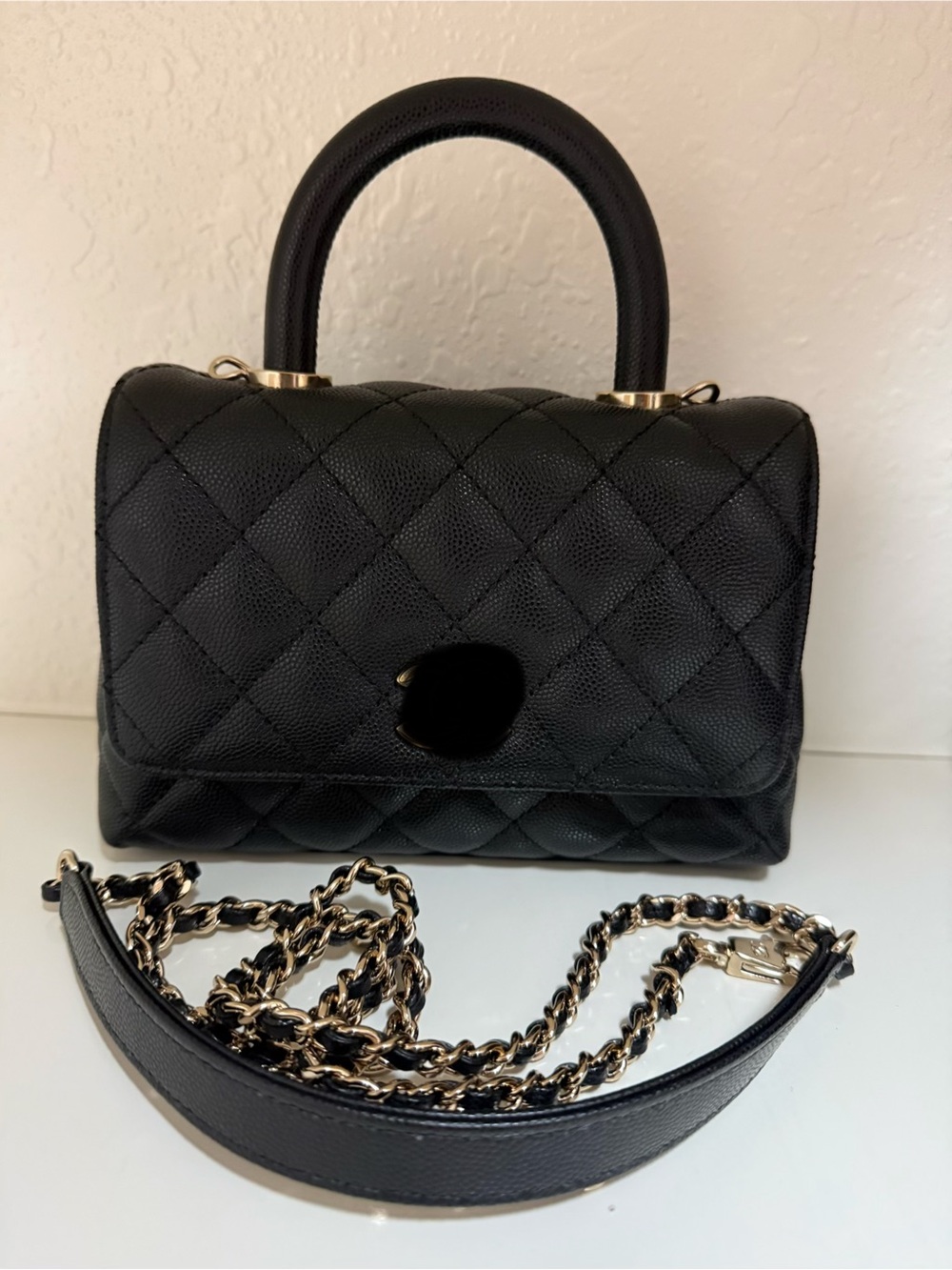 Black Quilted Leather Shoulder Bag with Gold Hardware